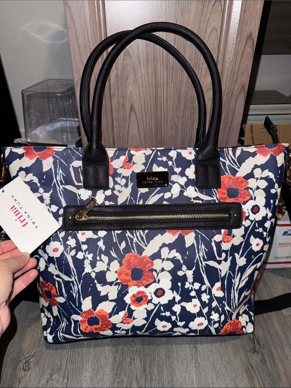 NWT $148 Trina Turk Vegan Leather Navy Floral Tote with Orange and White Blooms